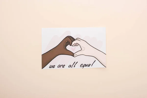 Top View Picture Drawn Multiethnic Hands Showing Heart Gesture Beige — Stock Photo, Image
