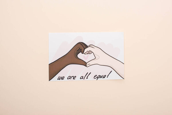 top view of picture with drawn multiethnic hands showing heart gesture on beige background