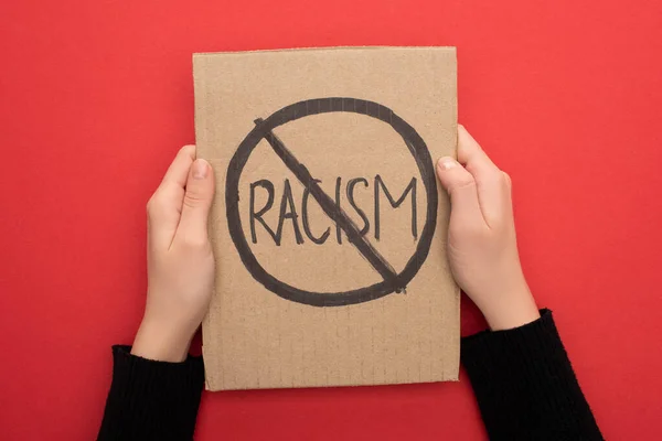 Cropped View Woman Holding Carton Placard Stop Racism Sign Red — Stock Photo, Image