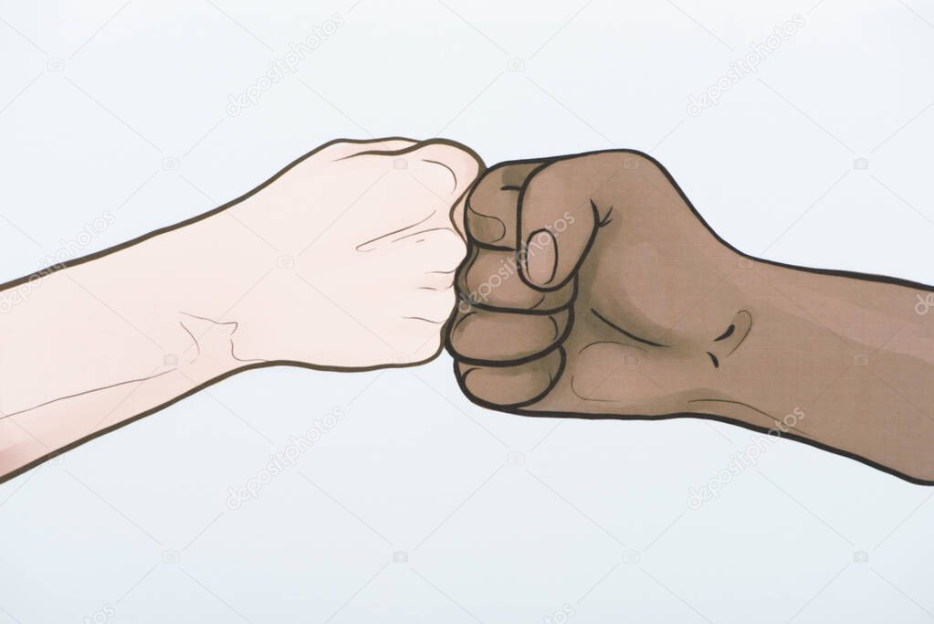 picture with drawn multiethnic hands doing fist bump