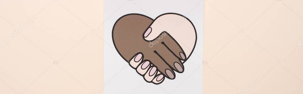 top view of picture with multiethnic handshake isolated on beige, panoramic shot