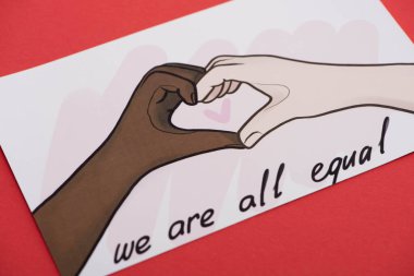 picture with drawn multiethnic hands showing heart gesture on red background clipart