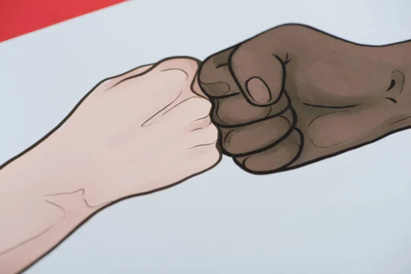 Picture Drawn Multiethnic Hands Doing Fist Bump Red Background — Stock Photo, Image