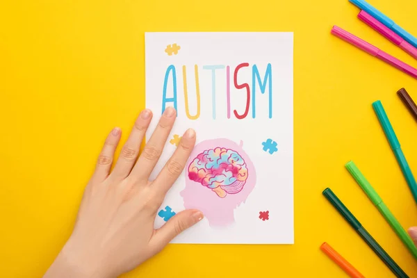 Top View Person Holding Paper Sheet Autism Lettering Drawing Child — Stok Foto