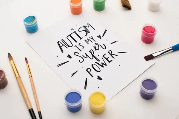 Paints Brushes Card Autism Super Power Lettering White — Stock Photo, Image