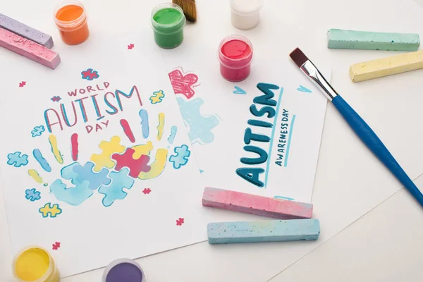 Cards World Autism Day Lettering Painting Puzzle Hand Prints White — Stock Photo, Image