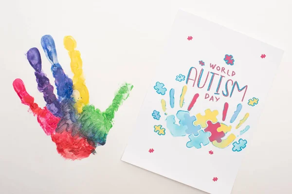 Top View Colorful Handprint Card Puzzle World Autism Day Lettering — Stock Photo, Image