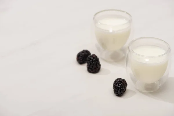 High Angle View Glasses Homemade Yogurt Blackberries White Background — Stock Photo, Image