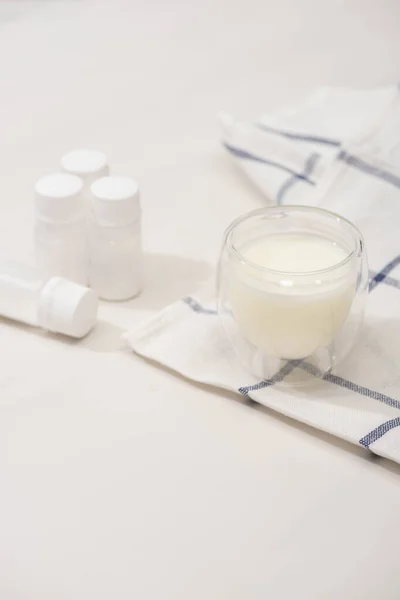 Selective Focus Glass Homemade Yogurt Cloth Containers Starter Cultures White — Stock Photo, Image