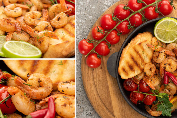 collage of fried shrimps with grilled toasts, vegetables, cherry tomatoes and lime on wooden board on grey concrete background