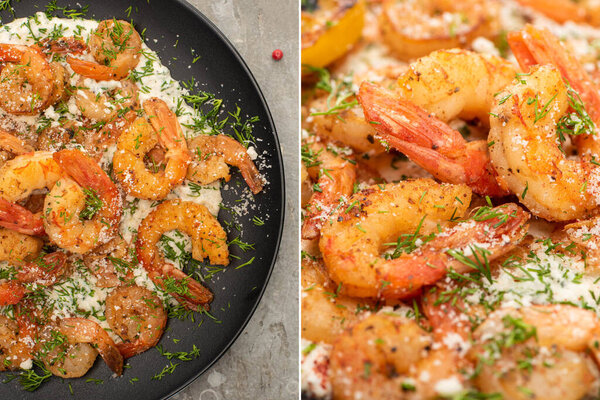 collage of fried shrimps in sauce with dill and lemon in frying pan on grey concrete background