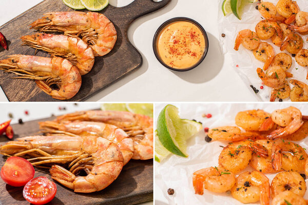 collage of fried shrimps on parchment paper on wooden board with cherry tomatoes, sauce and lime on white background