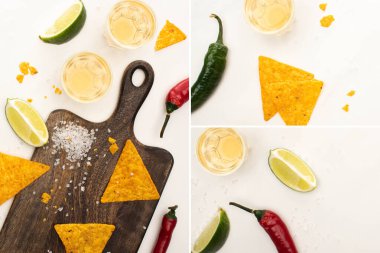 collage of golden tequila with lime, chili pepper, salt and nachos on wooden cutting board on white marble surface