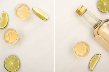Şişede altın tekila kolajı ve beyaz mermer yüzeyde limonlu shot bardakları.