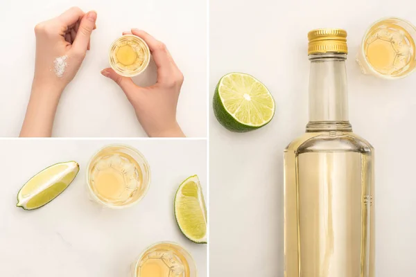 Colagem Mulher Bebendo Tequila Com Limão Sal Superfície Mármore Branco — Fotografia de Stock