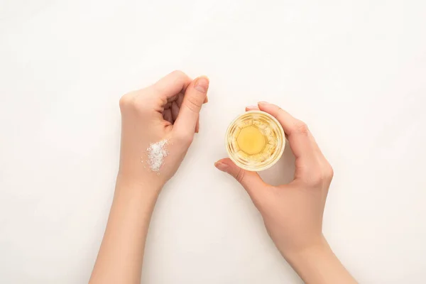 Cropped View Woman Drinking Golden Tequila Salt White Background — Stock Photo, Image