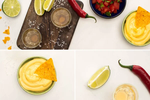 Collage Tequila Dorado Con Lima Chile Sal Nachos Salsa Queso —  Fotos de Stock