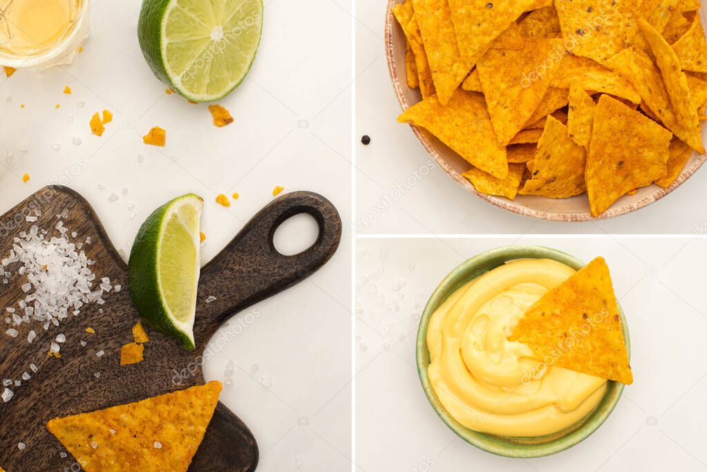 collage of golden tequila in shot glass with cheese sauce, lime, salt and nachos on white marble surface