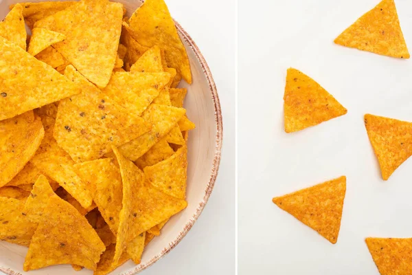 Collage Nachos Maíz Tazón Sobre Fondo Blanco — Foto de Stock