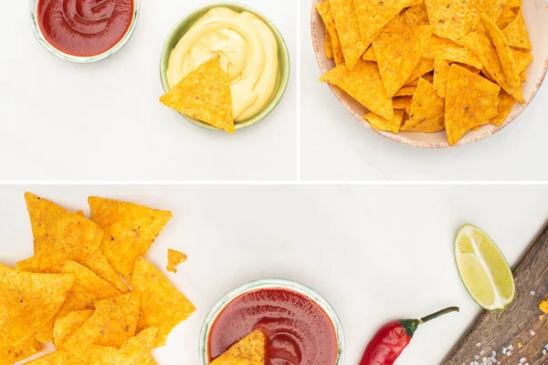 Ovanifrån Majs Nachos Med Lime Chili Ketchup Vit Bakgrund — Stockfoto