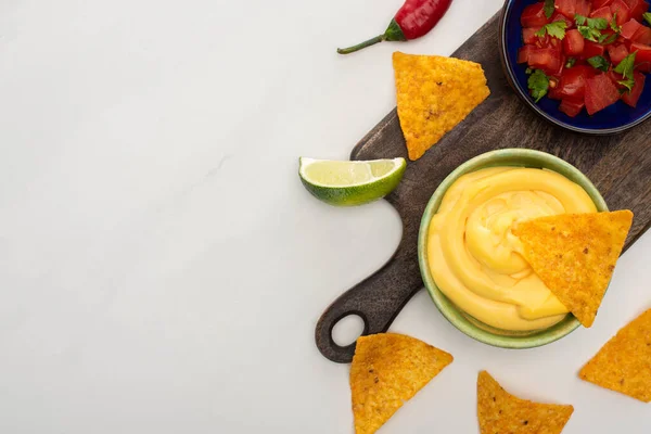 Top View Corn Nachos Lime Chili Cheese Sauce Wooden Cutting — Stock Photo, Image