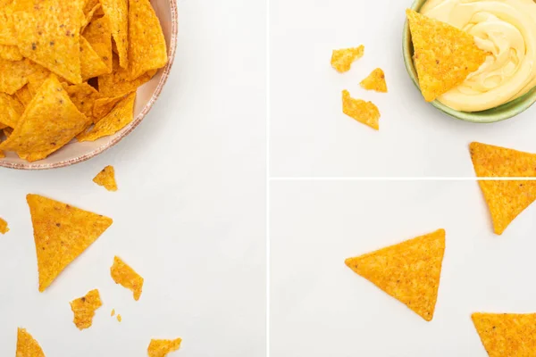Collage Aus Mais Nachos Mit Käsesauce Auf Weißem Hintergrund — Stockfoto