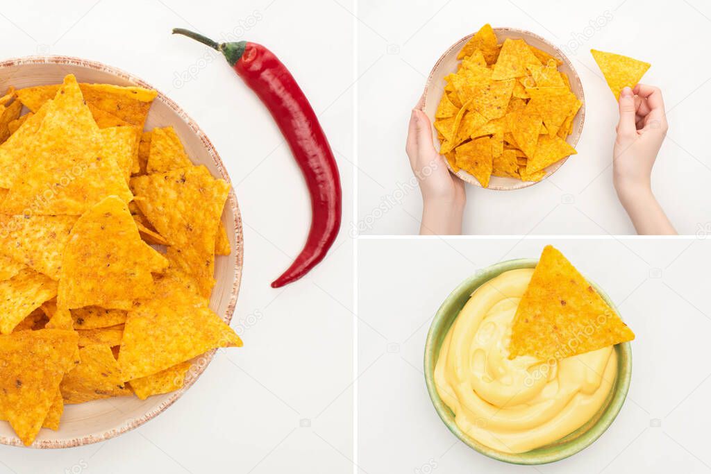 collage of corn nachos with chili peppers, cheese sauce and female hands on white background