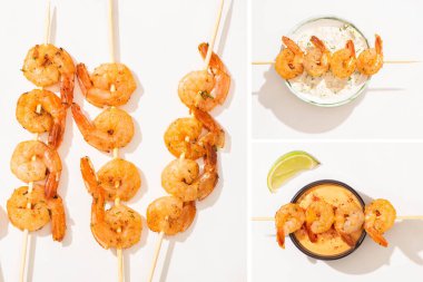 collage of delicious fried prawns on skewers with lime and sauces on white background clipart