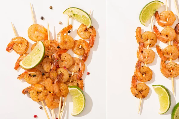 Collage Langostinos Sobre Brochetas Con Lima Pimienta Negra Sobre Fondo — Foto de Stock