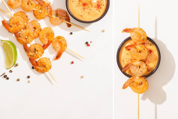 коллаж из вкусных жареных креветок на шампуре с соусом, лаймом и перцем на белом фоне
