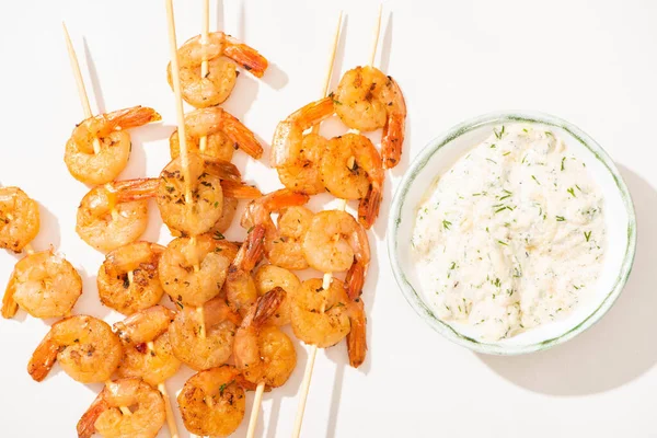 Top View Delicious Fried Prawns Skewers Sauce White Background — Stock Photo, Image