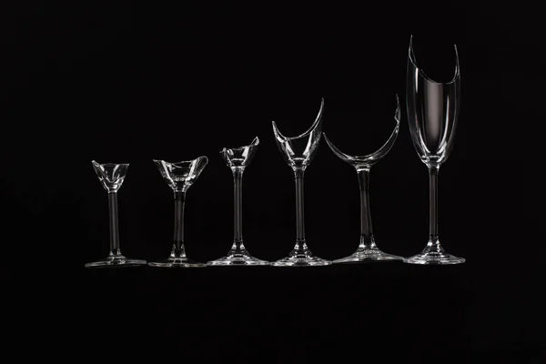 Broken Sharp Transparent Glasses Row Isolated Black — Stock Photo, Image