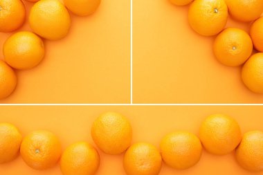 Renkli arkaplandaki olgun sulu portakalların kolajı