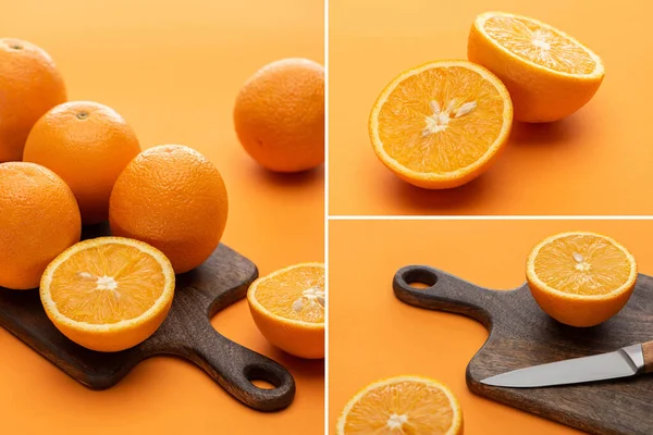 Collage Ripe Juicy Whole Cut Oranges Knife Wooden Cutting Board — Stock Photo, Image