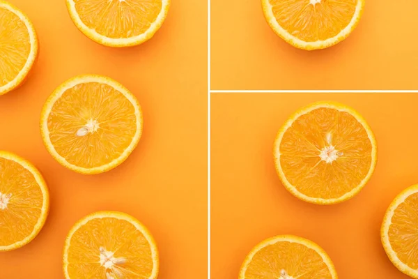 Collage Rodajas Naranja Jugosas Maduras Sobre Fondo Colorido —  Fotos de Stock