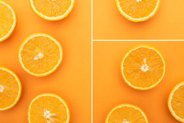 collage of ripe juicy orange slices on colorful background