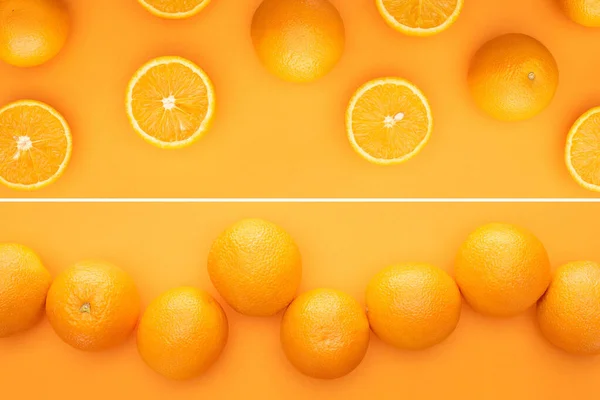 Κολάζ Από Ώριμα Ζουμερά Ολόκληρα Πορτοκάλια Και Φέτες Πολύχρωμο Φόντο — Φωτογραφία Αρχείου