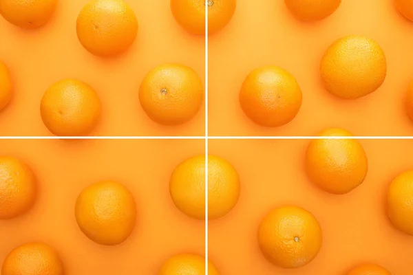 Collage Reifer Saftiger Ganzer Orangen Auf Buntem Hintergrund — Stockfoto