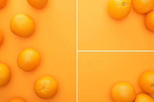 Collage Aus Reifen Saftigen Ganzen Orangen Auf Buntem Hintergrund Mit — Stockfoto