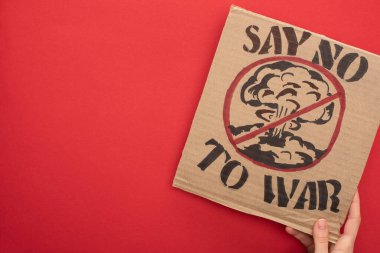 partial view of woman holding cardboard placard with say no war to war lettering and explosion in stop sign on red background clipart