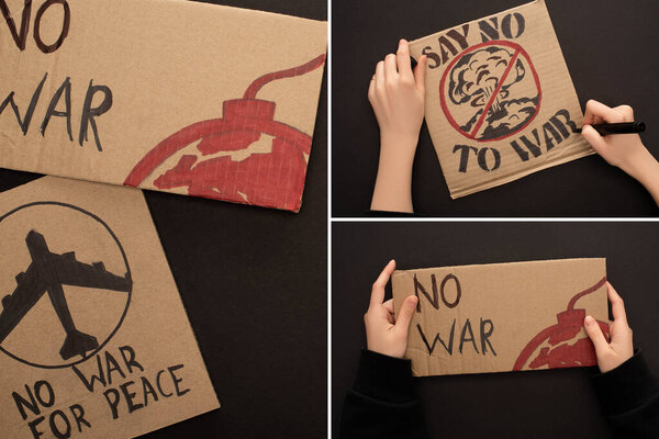 collage of cardboard placards with no war lettering and female hands on black background