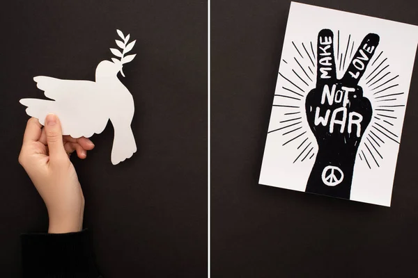 collage of female hand with paper white dove and paper with hand drawing, peace sign and make love not war lettering on black background