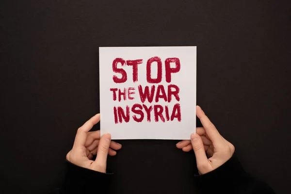 Cropped View Woman Holding White Placard Red Stop War Syria — Stock Photo, Image