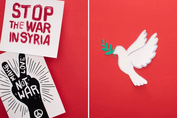Barış sembolü olarak beyaz güvercin kolajı, Suriye 'deki savaşı durduran pankartlar ve kırmızı arka planda savaş harfi yerine aşk yapmak.
