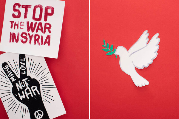 collage of white dove as symbol of peace, placards with stop war in Syria and make love not war lettering on red background