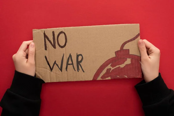 Cropped View Woman Holding Cardboard Placard War Lettering Bomb Red — Stock Photo, Image