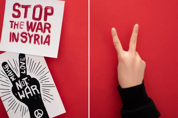 在叙利亚 一幅用红色背景写上 爱而非战争 停止战争 字样的妇女拼贴在靠近图纸的地方展示和平标志 — 图库照片