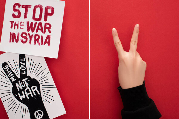 collage of woman showing peace sign near drawings with make love not war and and stop war in Syria lettering on red background