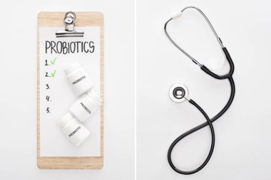 collage of clipboard with probiotics empty list with pills and stethoscope on white background clipart