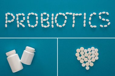 Probiyotik harfleri kolajı, mavi arka planda haplardan yapılmış kalp ve konteynırlar.